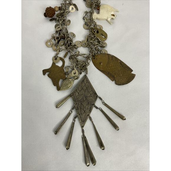 VTG VINTAGE SILVER TONE MEXICAN FETISH CHARM NECKLACE 19 IN - Picture 1 of 7